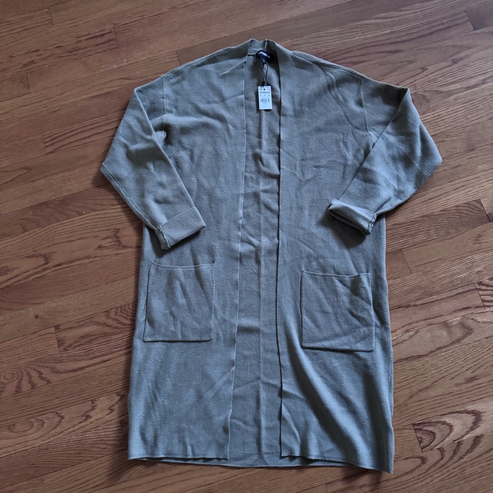 Express Olive Green Open-Front Long Ribbed Cardigan
